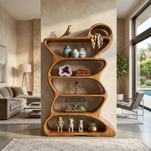 Wooden Bookshelf With Flowing Sculptural Silhouette For Living Room