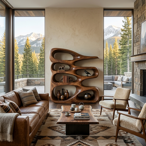 Wooden Bookshelf With Displaying Books And Collectibles For Living Room
