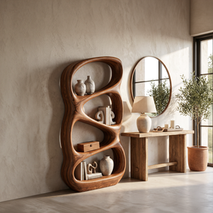 Nature Inspired Wooden Bookshelf With Organic Form For Contemporary Living