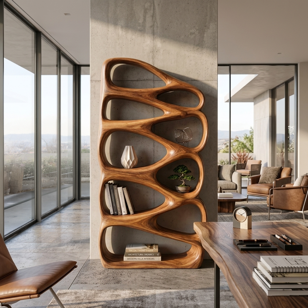Modern Wooden Bookshelf Inspired By Organic Architecture For Living Room