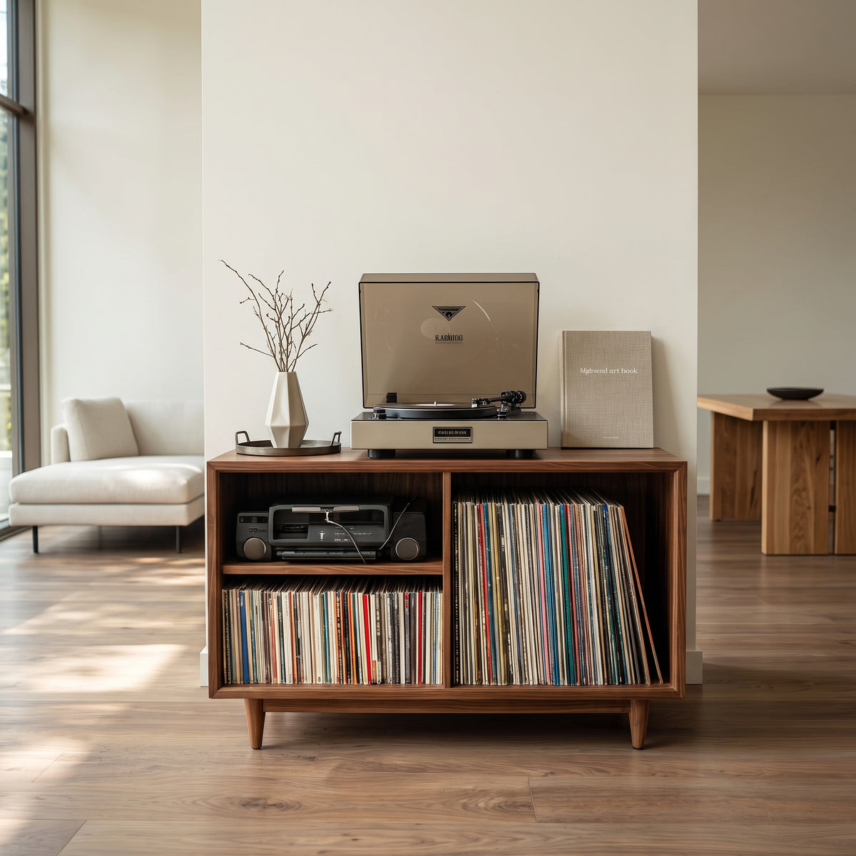 Minimalist Record Player Cabinet With Three Open Shelves For Home