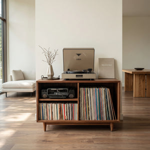 Minimalist Record Player Cabinet With Three Open Shelves For Home