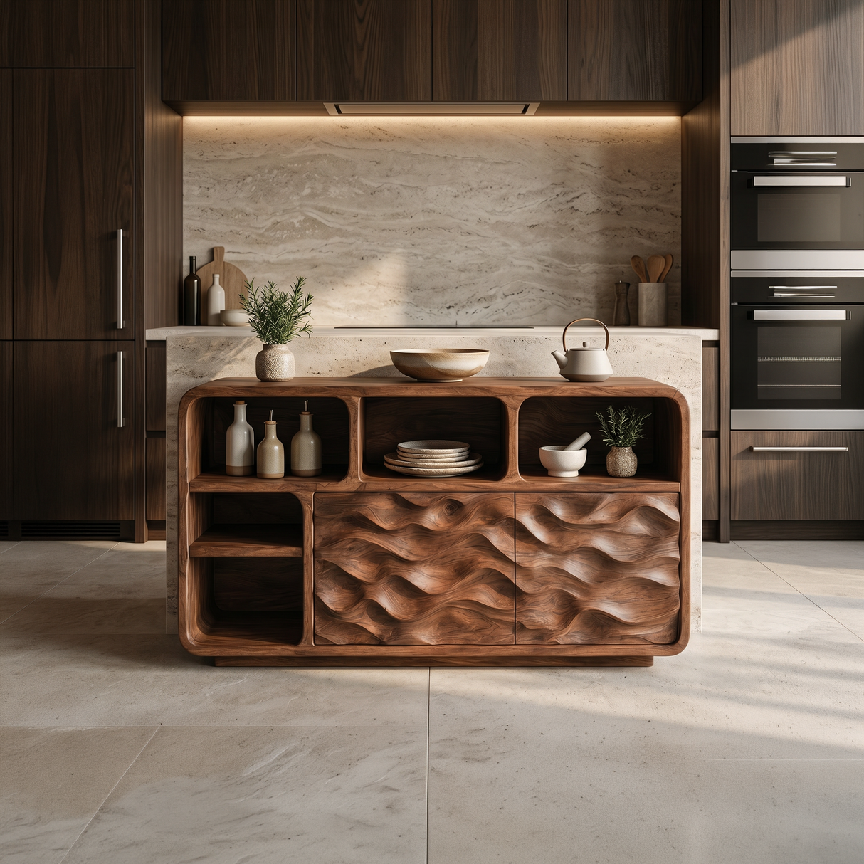 Handcrafted Wooden Console Table With Open Display Shelves For Entryway