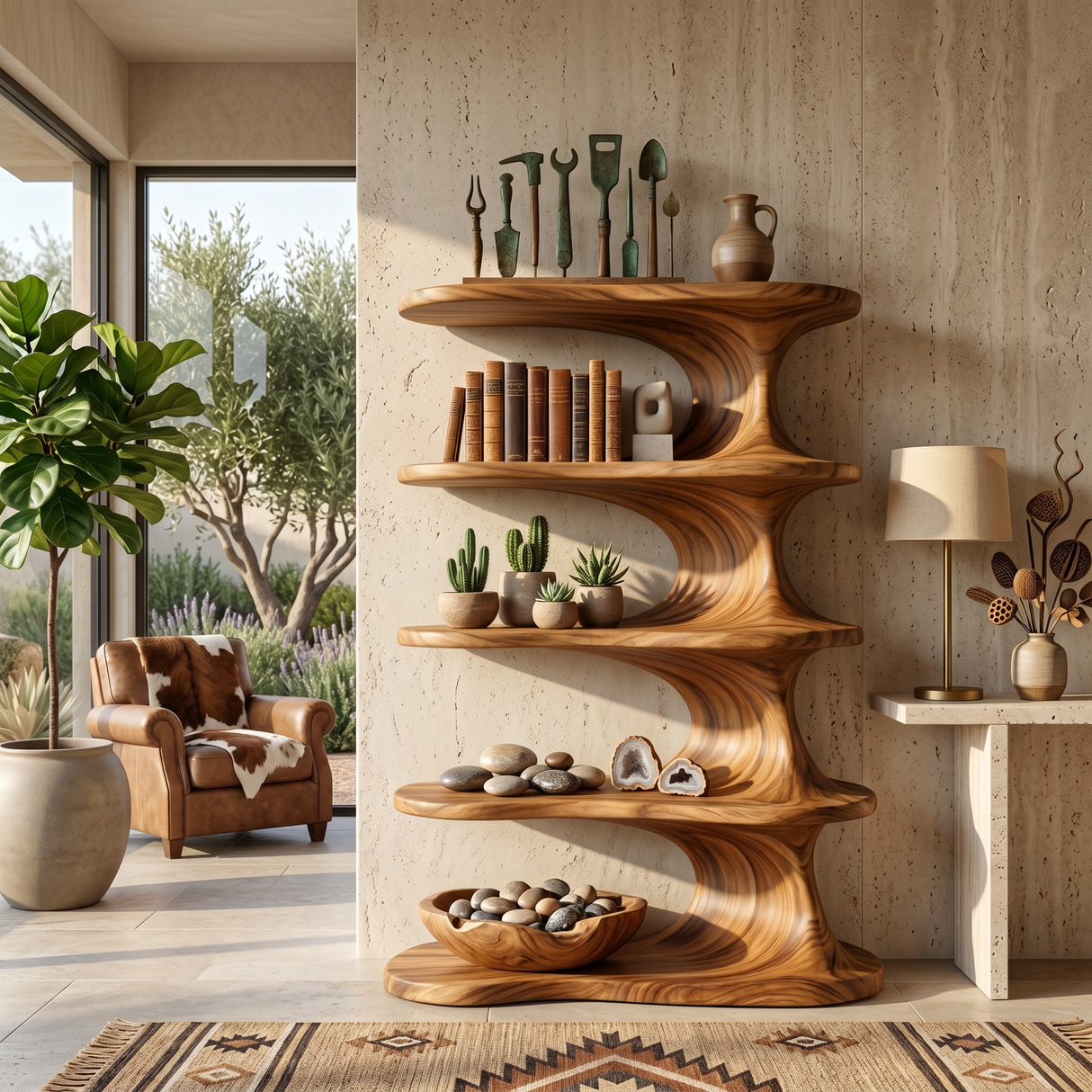 Modern Wooden Bookshelf With Flowing Organic Lines For Living Room
