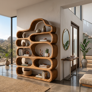 Curved Wooden Bookshelf With Display Shelves For Living Furniture