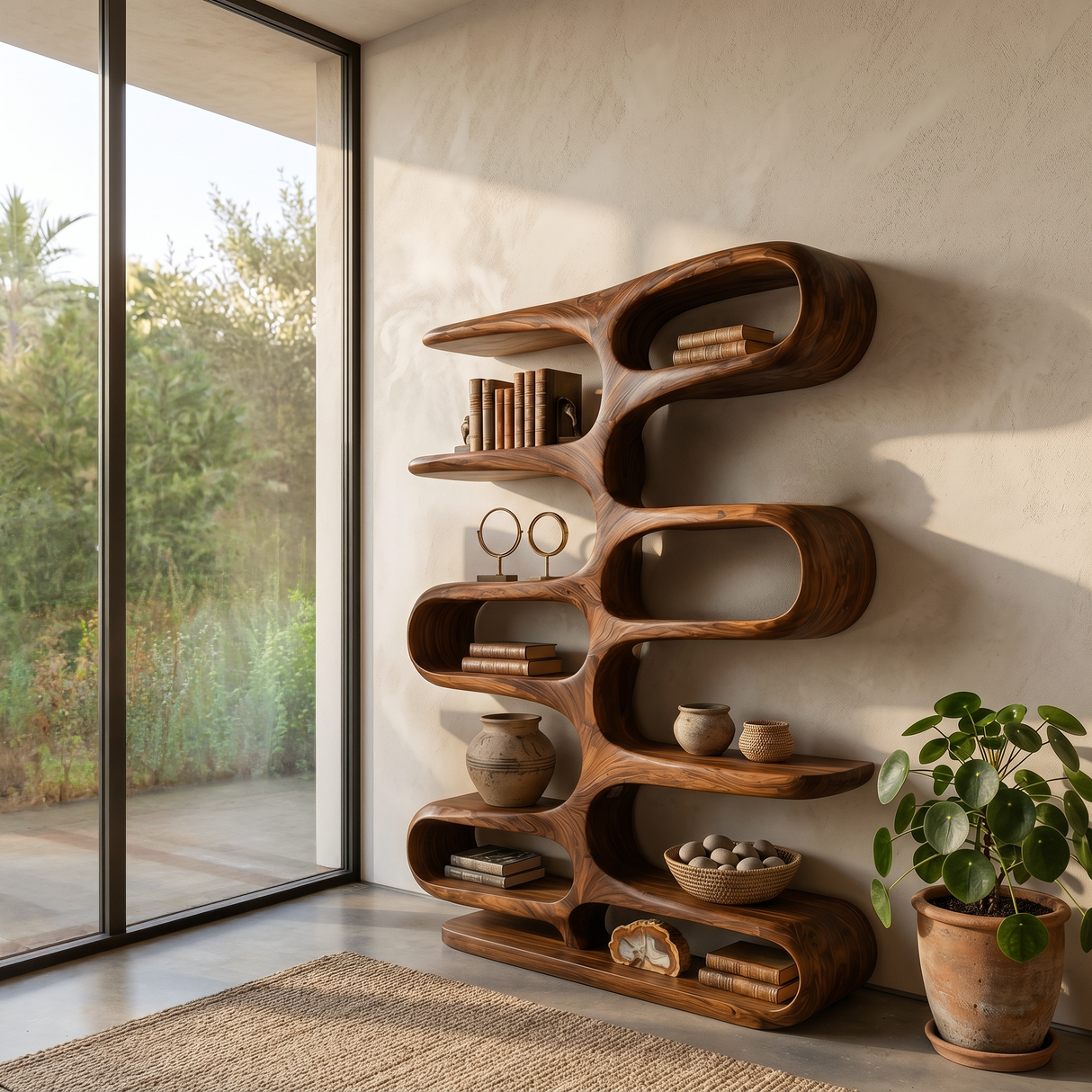 Contemporary Wooden Bookshelf With Sculptural Form For Living Room