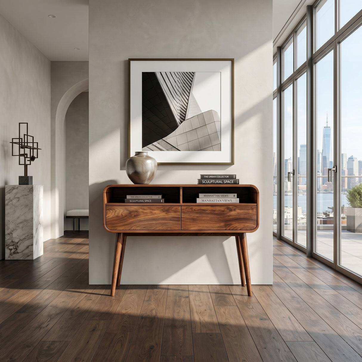 Mid Century Rounded Console Table With Two Compartments For Entryway