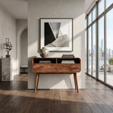 Mid Century Rounded Console Table With Two Compartments For Entryway