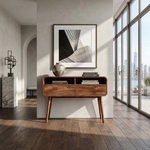 Mid Century Rounded Console Table With Two Compartments For Entryway