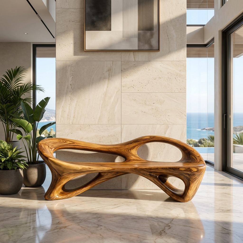 Organic Bench With Flowing Sculpture Form For Hallway