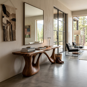 Organic Wooden Bench With Undulating Sculptural Base For Home Furniture