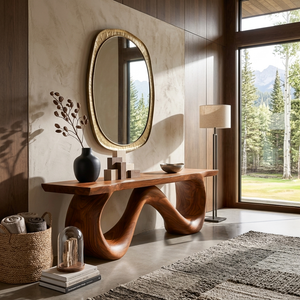 Organic Wooden Bench With Flowing Ribbon Base For Entryway