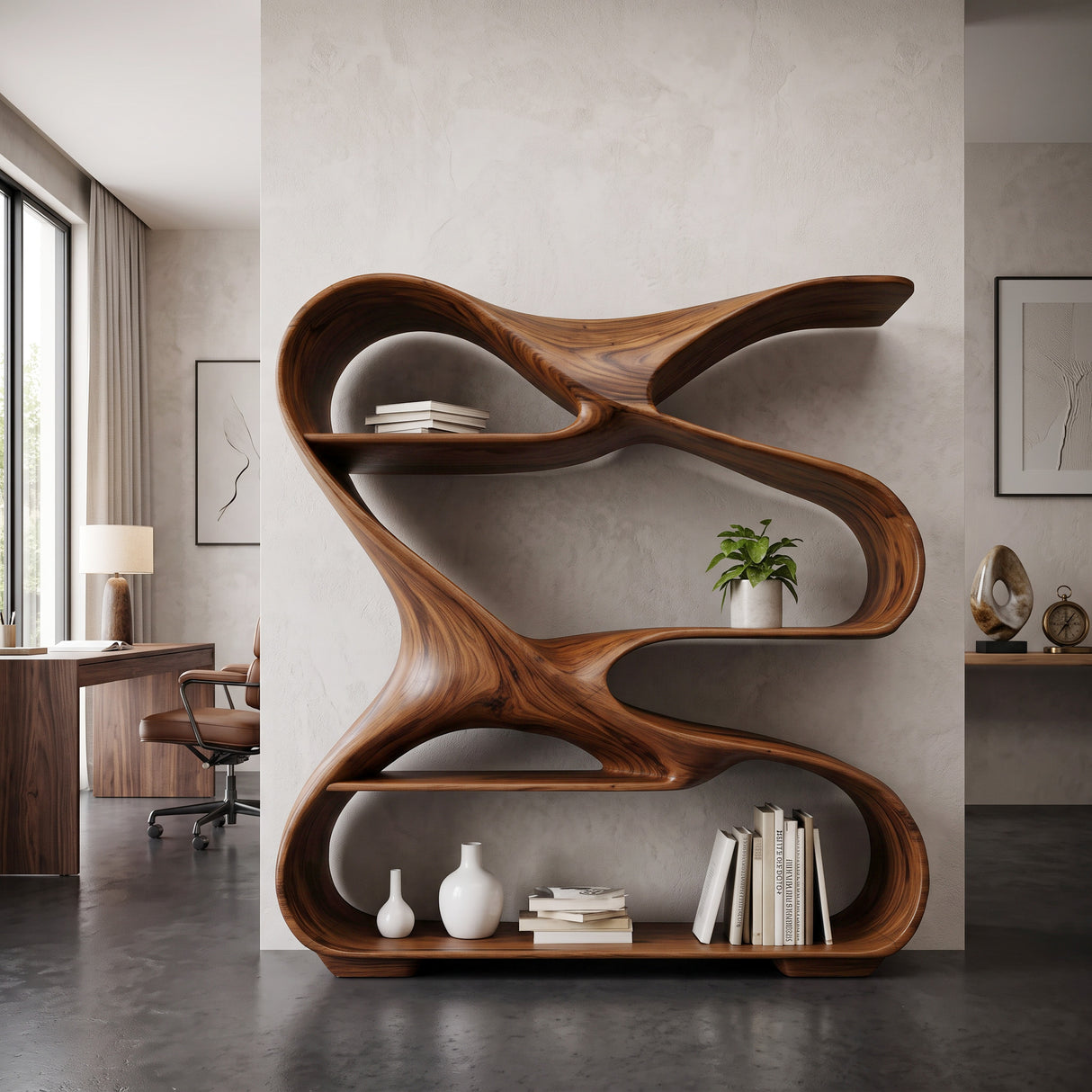 Modern Sculptural Wooden Bookshelf For Living Room Or Office Display