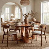 Wooden Round Dining Table With Artistic Base For Dining Room