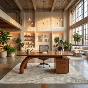Modern Curved Desk With Open Shelf For Home Office