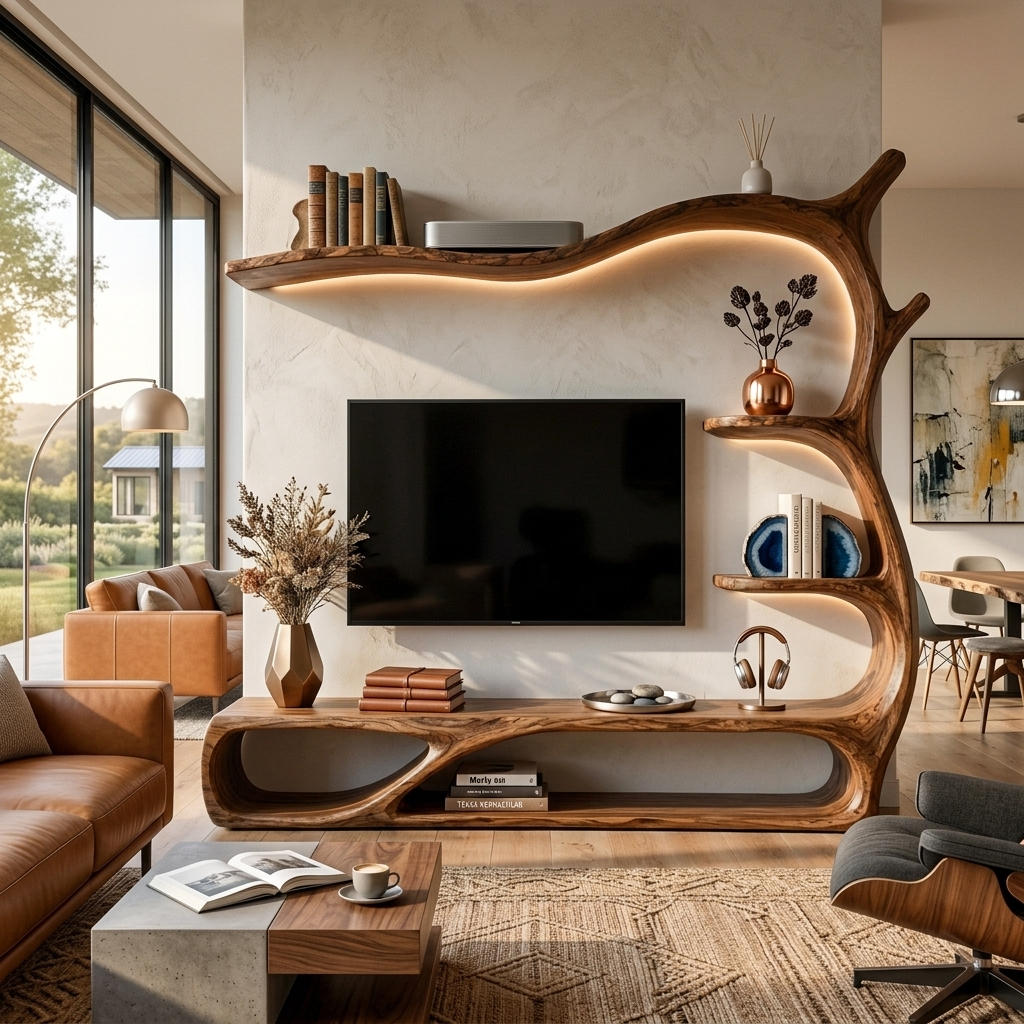 Rustic Wooden TV Stand Sculptural Flow Form For Living Furniture