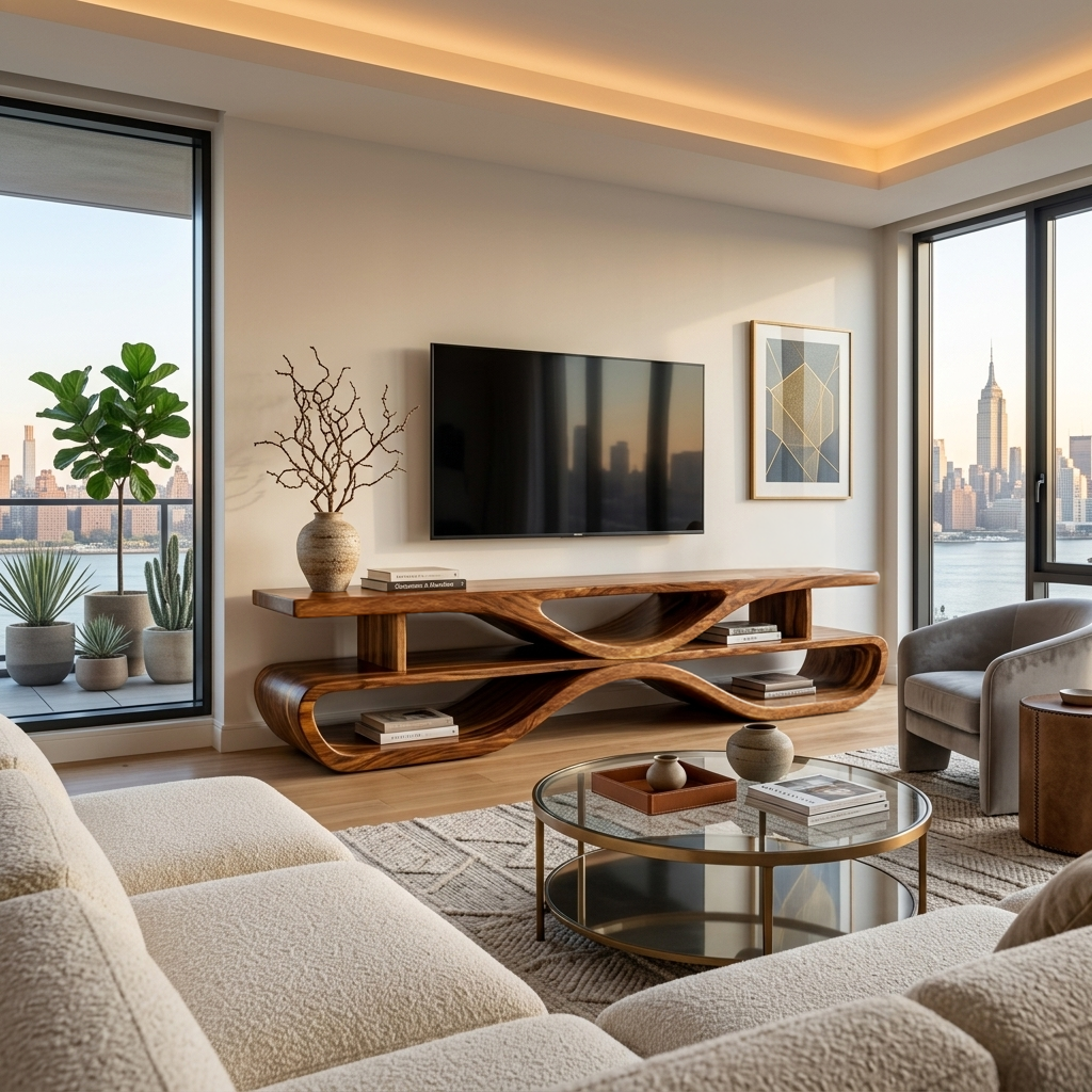 Modern TV Stand With Sculptural Flow Form For Media Room