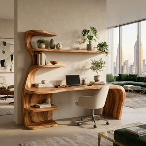 Wooden Desk With Built In Bookcase For Contemporary Workspace