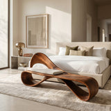 Modern Wooden Bench With Sculptural Curved Backrest For Reading Nook