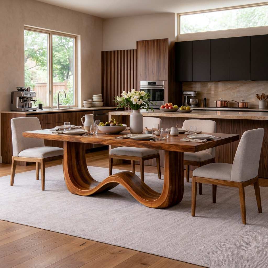Mid Century Wooden Dining Table With Elegant Base For Kitchen