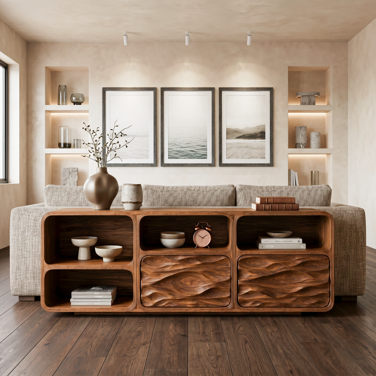 Contemporary Console Table With Wave Carved Drawers For Living Room