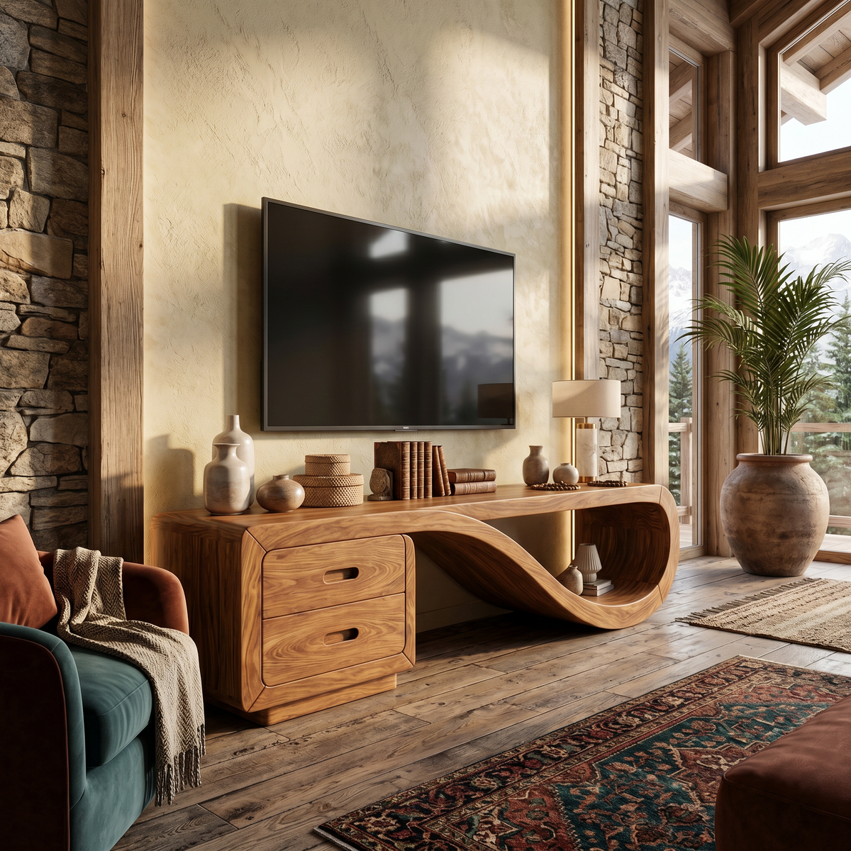 Luxury Sculptural Media Console Marble Accent Wall