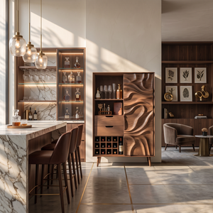 Sculptural Bar Cabinet With Wave Carved Doors For Kitchen