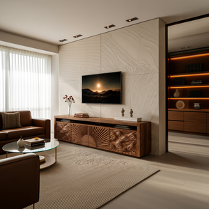 Luxury TV Stand With Sun And Ocean Carved Doors For Living