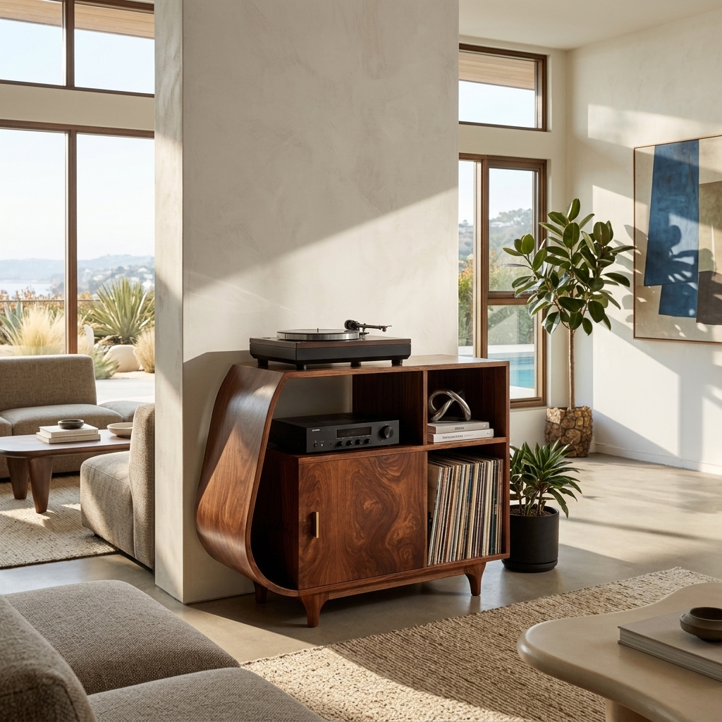 Modern Sculptural Wooden Stand Record Cabinet For Living Room