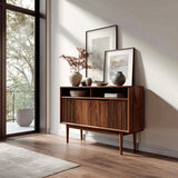 Scandinavian Wooden Console Table With Carved Fluted For Entryway