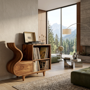 Rustic Wooden Vinyl Record Cabinet Carved Flowing Design For Living