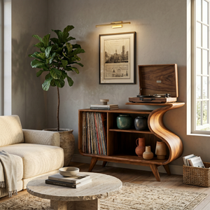 Wooden Record Player Cabinet With Integrated Shelving For Living Room