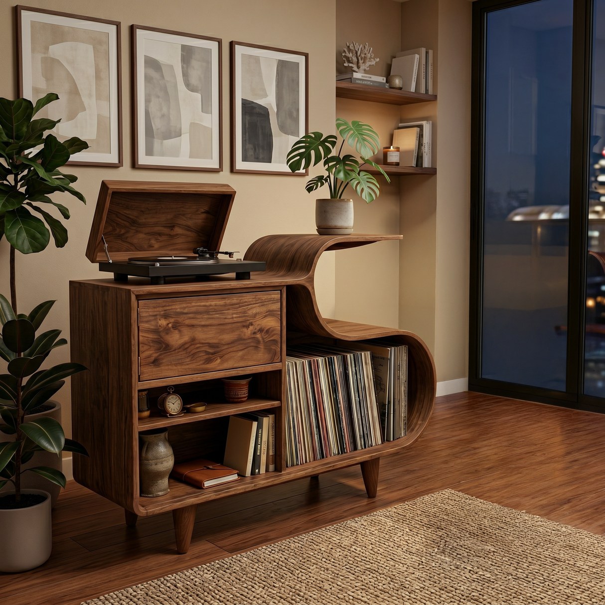Wooden Vinyl Record Cabinet With Integrated S-Shaped Shelf For Living