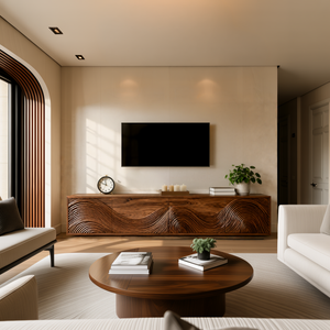 Contemporary TV Stand With Flowing Wave Carved Doors For Living