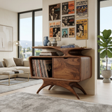 Handcrafted Wooden Record Cabinet With Shelving For Living Room