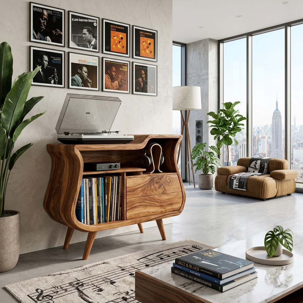 Rustic Wooden Record Storage Cabinet With Drawers For Living Room