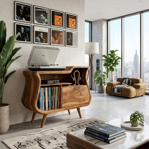 Rustic Wooden Record Storage Cabinet With Drawers For Living Room
