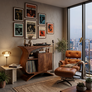 Wooden Record Player Stand With Sculptural Form For Entertainment Room