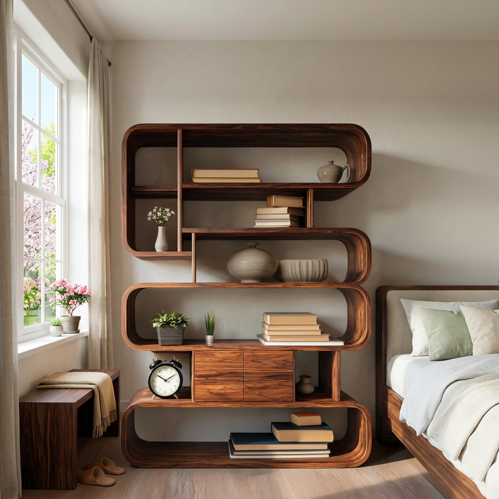 Contemporary Natural Wood Bookshelf With Rounded Form For Home