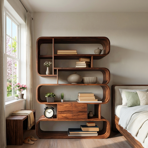 Contemporary Natural Wood Bookshelf With Rounded Form For Home