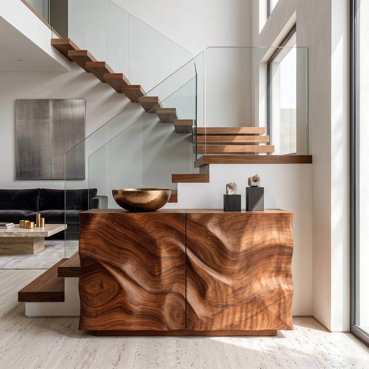 Organic Wood Sculptural Console Table For Home Decor