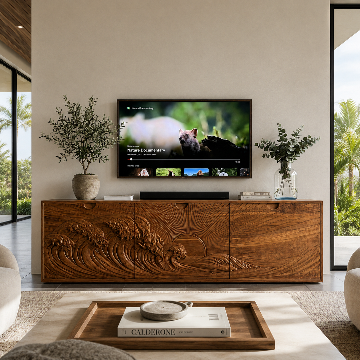 Contemporary TV Stand With Crashing Ocean Waves For Living Room