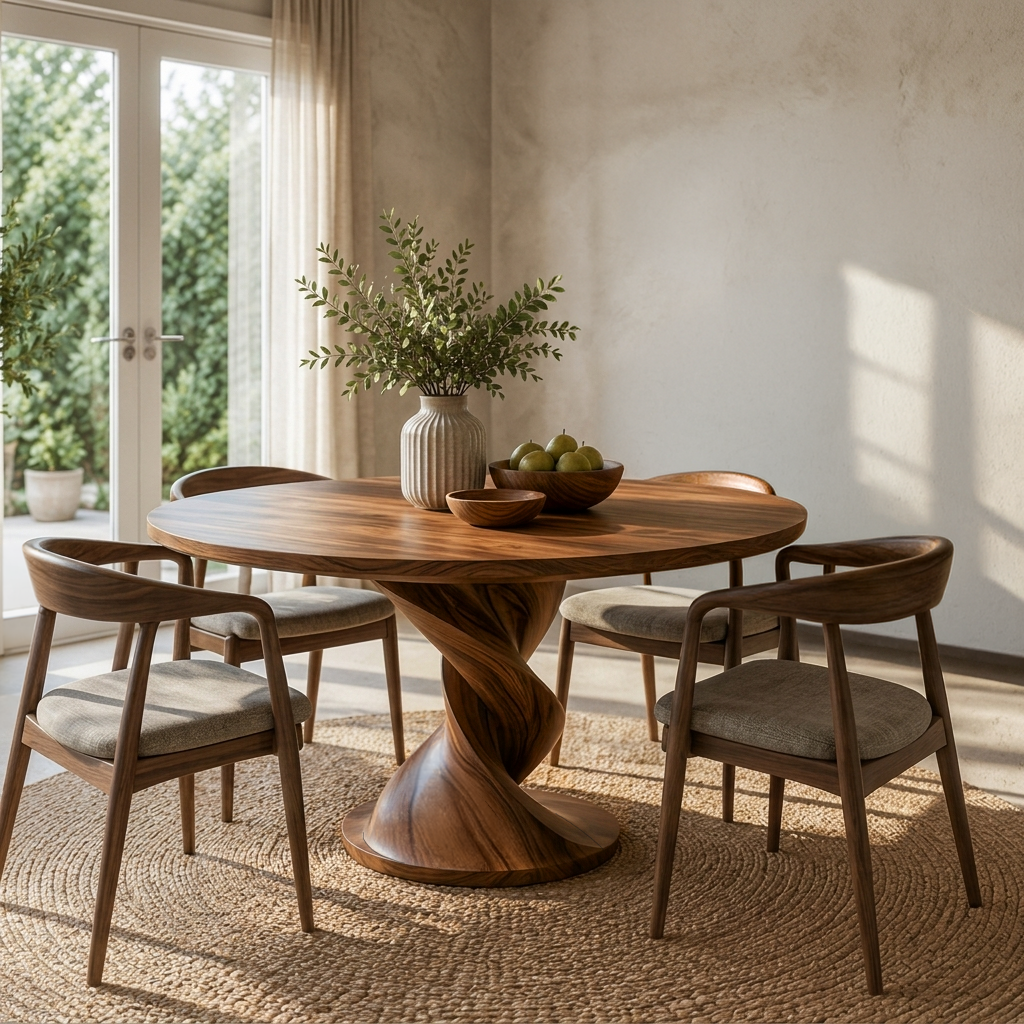 Contemporary Round Dining Table With Twisted Pedestal For Dining Room