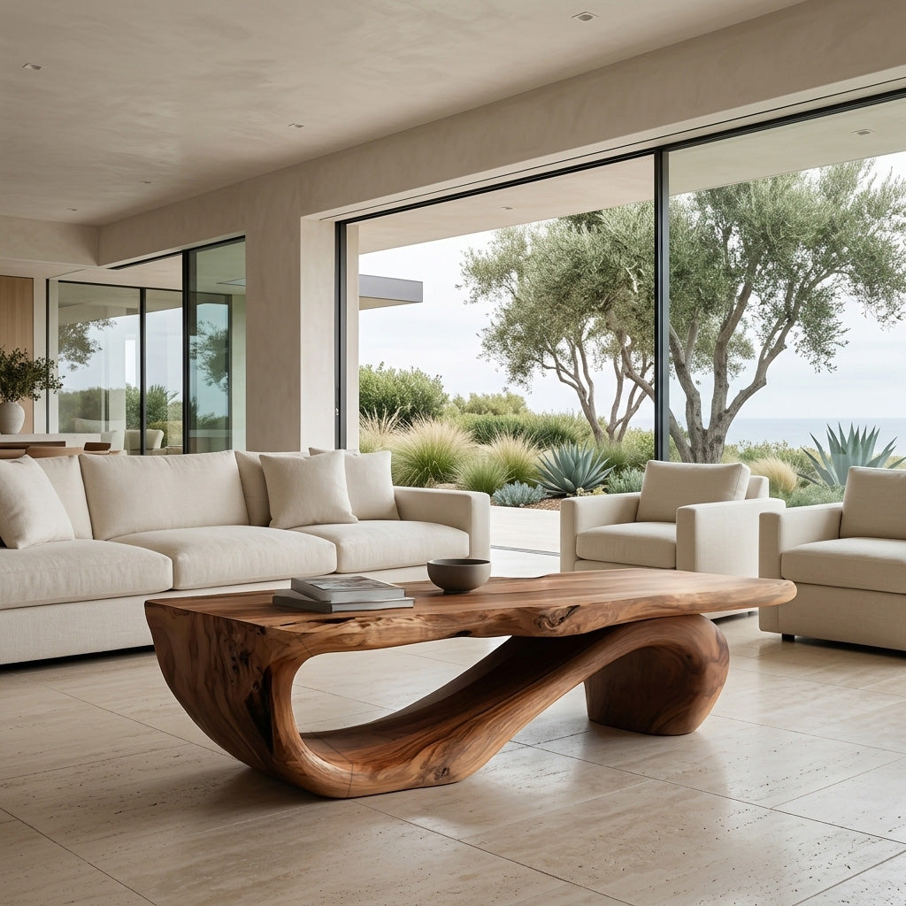 Organic Coffee Table With Carved Wood Base For Living Room