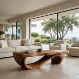 Organic Coffee Table With Carved Wood Base For Living Room