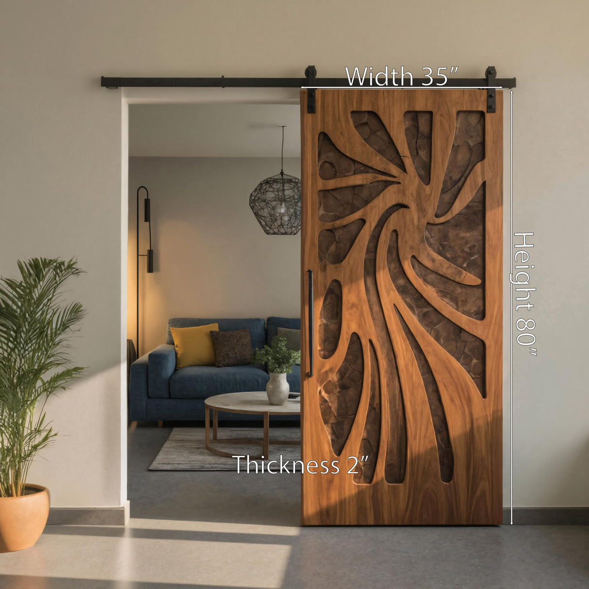 Artistic Sliding Door With Layered Carved Design For Interior