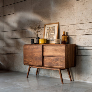 Mid Century Rounded Console Table With Compartments For Living