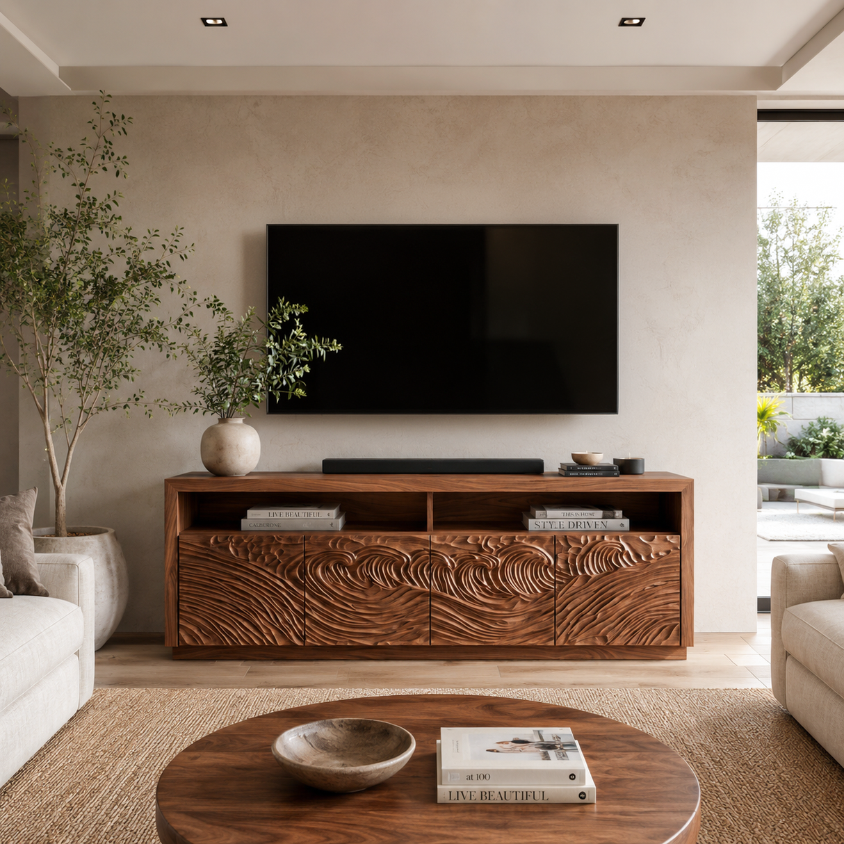 Modern Carved Wave TV Console With Open Shelf For Living