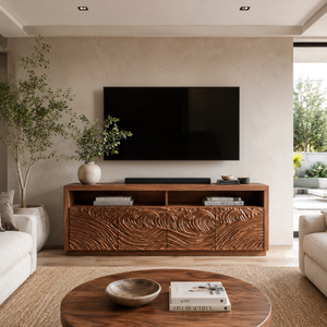 Modern Carved Wave TV Console With Open Shelf For Living