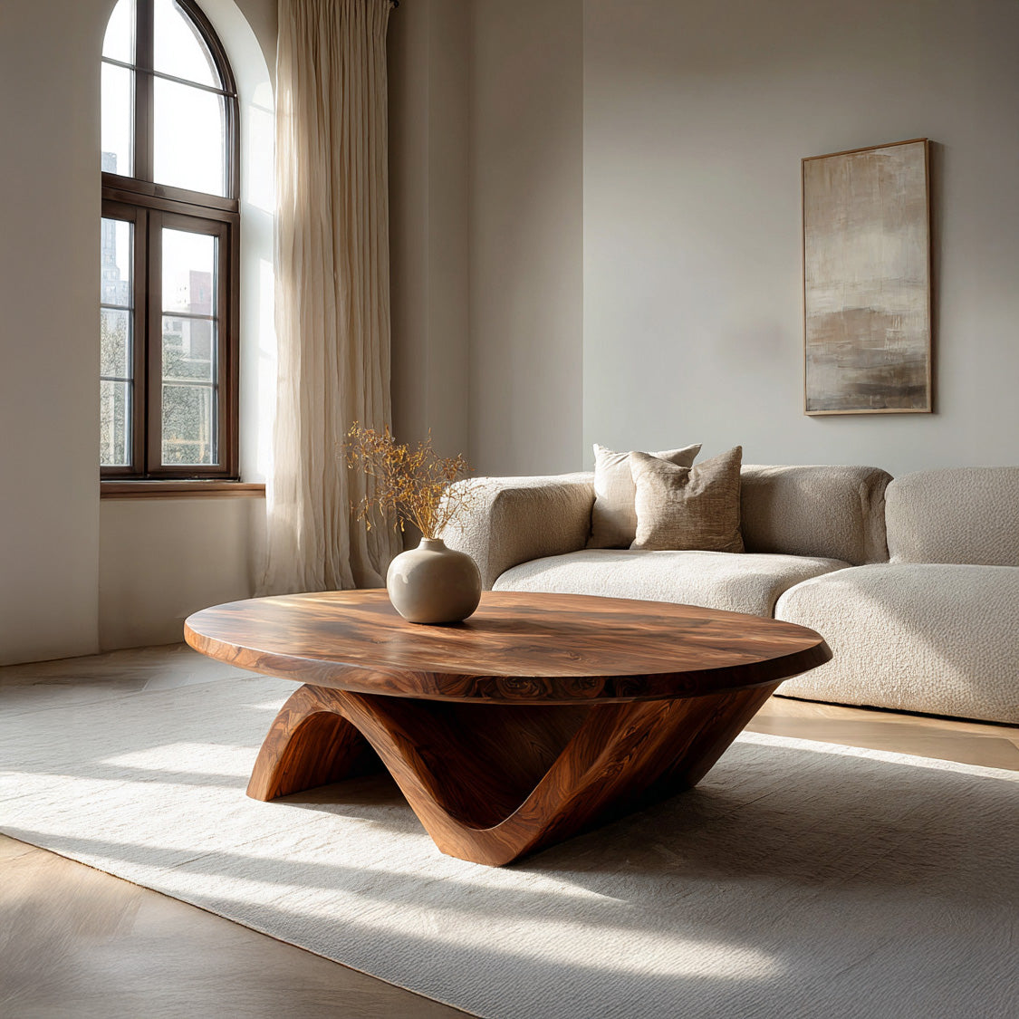Sculptural Round Coffee Table With Curved Base For Home Decor